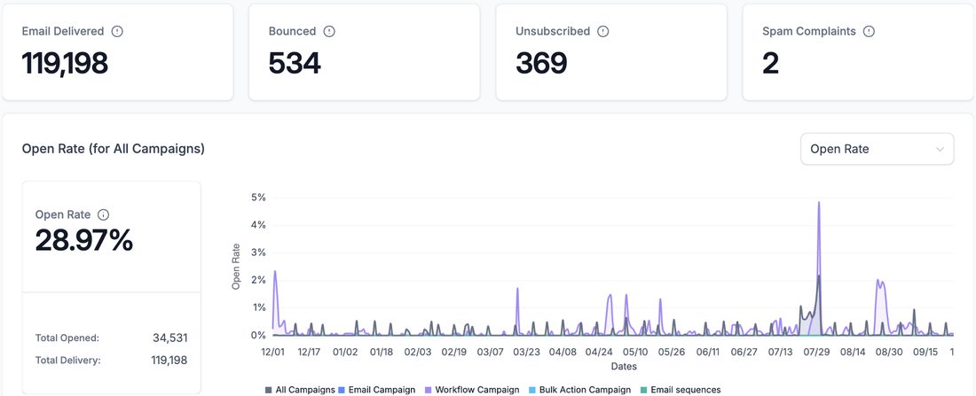 Email platform dashboard showing 119,198 emails delivered and a 28.97 percent open rate